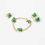 An 18 carat gold, ruby and green enamel bracelet, earstuds and matching ring Late 20th century The