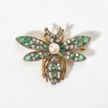 A diamond, emerald and pearl insect brooch Late 20th century Designed as a bee, centered by a sweet