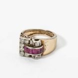 A Retro 14 carat white gold, second grade silver, diamond and ruby ring Circa 1935 Old-cut diamond