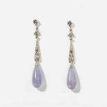 A pair of platinum, 14 carat white gold, diamond and lilac jade ear pendants 20th century Designed