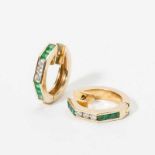 A pair of 18 carat gold, diamond and emerald hoops 20th century The shaped hoops set with facetted