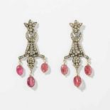 A pair of silver, diamond and tourmaline ear pendants Late 20th century The floral motifs fully set