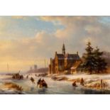 Lodewijk Johannes Kleijn (Loosduinen 1817 - The Hague 1897)Skaters on a frozen river by a mansion,