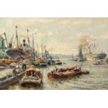 Evert Moll (Voorburg 1878 - The Hague 1955)Activity at the harbour, RotterdamSigned lower leftOil on