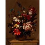 Hans Bollongier (Haarlem 1598/1602 - 1672/1675)Bouquet on a stone pedestalMonogrammed and dated 1672