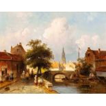 Charles Leickert (Brussels 1816 - Mainz 1907)Activities on a canal in a sunlit Dutch