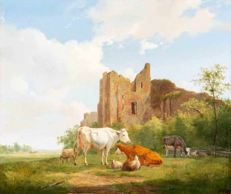Hendrikus van de Sande Bakhuyzen (The Hague 1795 - 1860)Grazing cattle near the ruins of Brederode