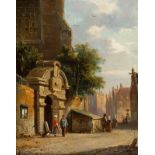 Adrianus Eversen (Amsterdam 1818 - Delft 1897)Dutch city with figures near a church and gatehouse (