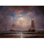 Ary Pleijsier (Vlaardingen 1819 - Vreeland 1879)Bomschuiten in the surf at night Signed and dated