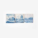 A collection of three Dutch blue and white ceramic tiles with open air landscape decor17th