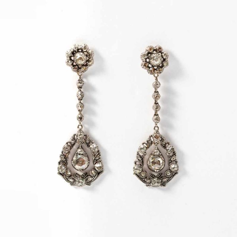 A pair of 14 carat gold, silver and diamond ear pendantsThe Netherlands, circa 1900Designed as a