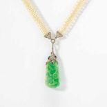 A 14 carat gold, Art Deco seed pearl, diamond, jade and enamel necklaceCirca 1925The entwined seed