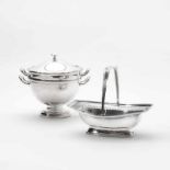 A Dutch silver basket and one silver-plated serving bowl with liner and coverThe basket with the