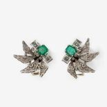 A pair of 14 carat white gold, diamond and emerald ear clips20th centuryEach set with as a square-