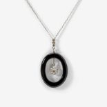 An Art Deco-style 14 carat white gold diamond and onyx pendant20th centuryCluster of circular-cut