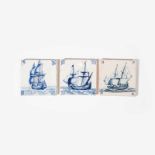 A collection of three Dutch blue and white ceramic 'Scheepjes' tiles depicting ships17th