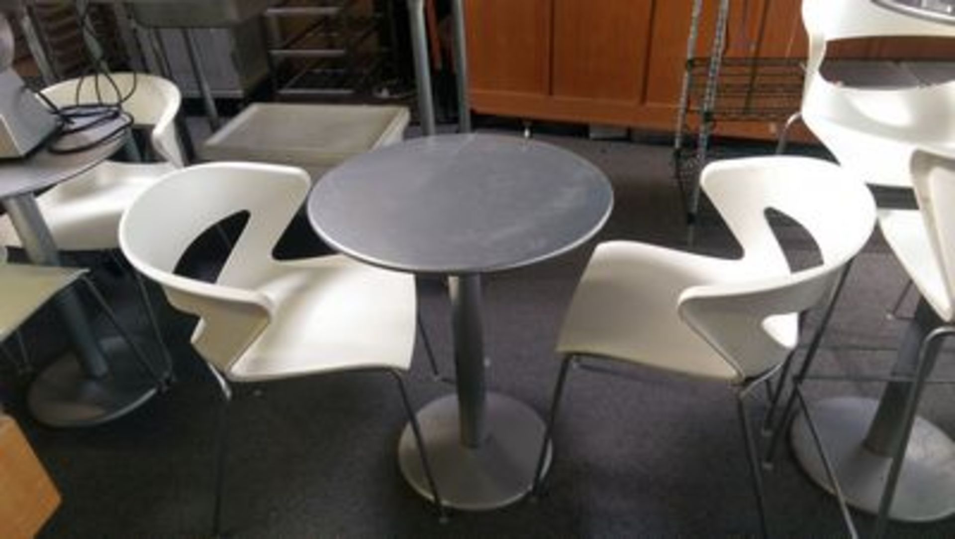 Round Metal Table and 2 White Chairs