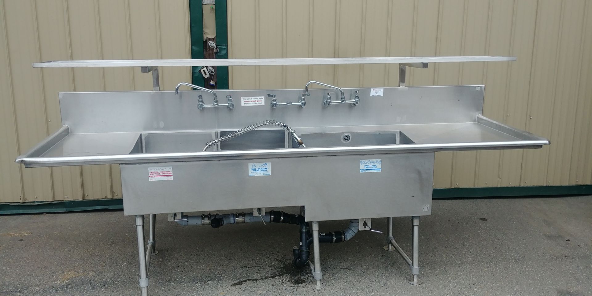 118 x 36" - 3 Well Stainless Steel Sink with Wash Wand and Overshelf - Original Cost over $5000.00