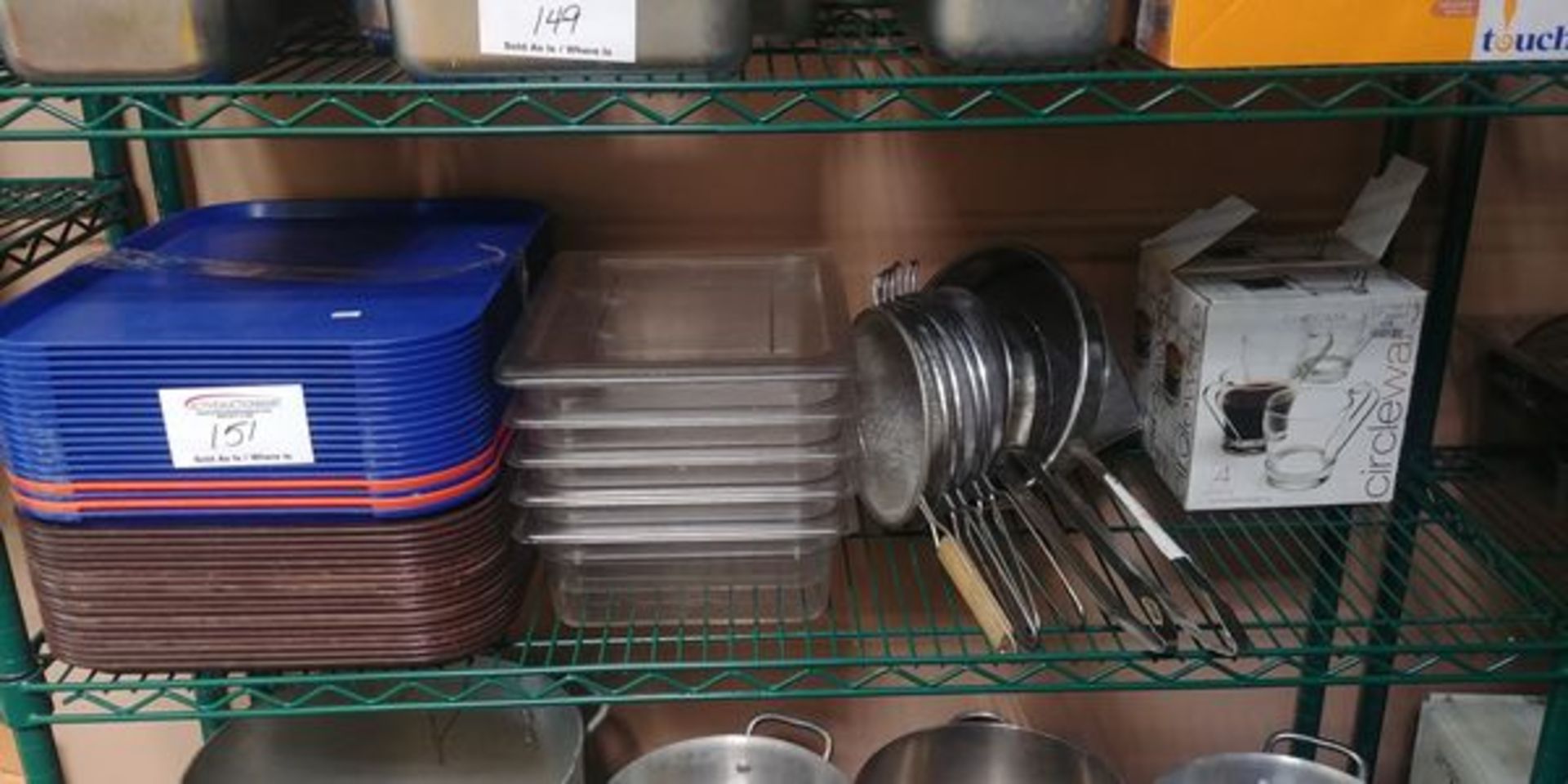 Shelf Lot of Misc. Serving Trays, Plastic Inserts, 7 Strainers and 2 Boxes of Coffee Cups