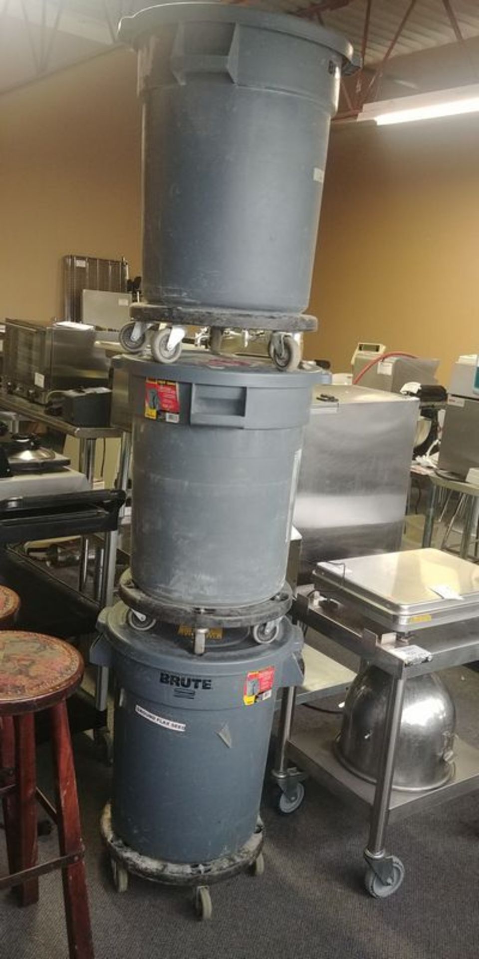 3 Brute Garbage Cans on Casters with Lids