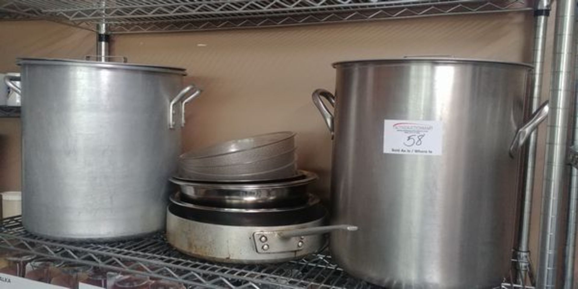 Shelf Lot of 2 Large Fry Pans, Pots, Misc. Bowls, etc.