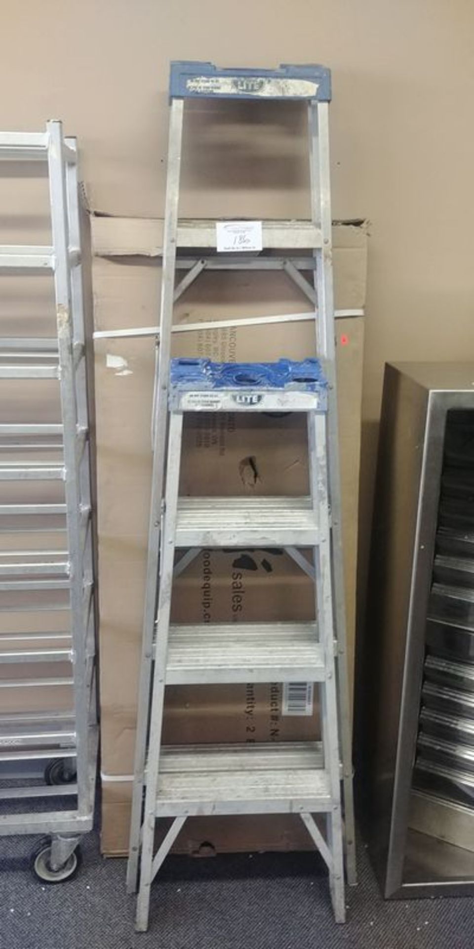 2 Aluminum Ladders and Box of Metro Shelves