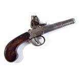 A small flintlock pocket pistol with screw-off cannon barrel, the lock inscribed 'Mewis & Co',