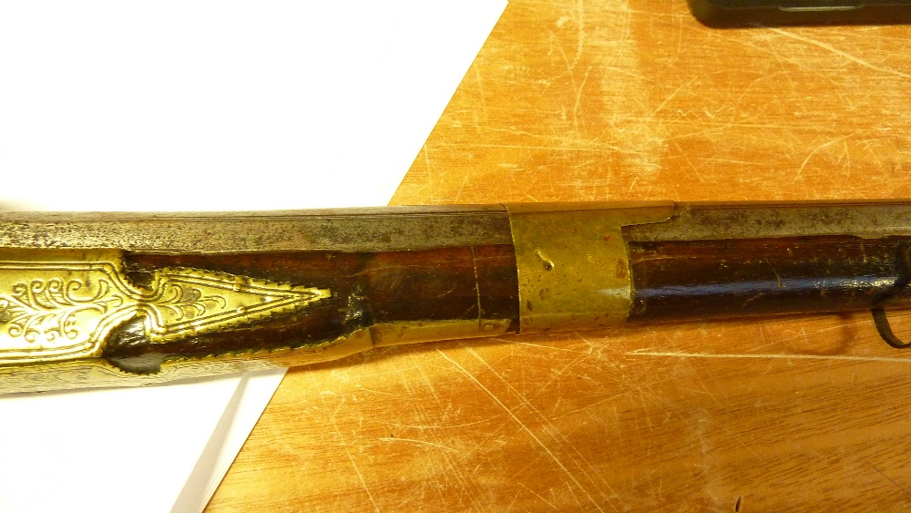 A miquelet musket converted to percussion with engraved brass detail and incised decoration to the - Image 4 of 8