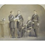A 19th century lithograph depicting four military figures discussing plans with one holding a quill
