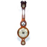 A mahogany cased banjo thermometer and barometer, the silvered dial set with Arabic numerals,