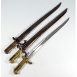 Three French Chassepot bayonets, two with scabbards (3).