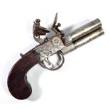 A rare and unusual three barrelled flintlock muff pistol, with screw-off barrels,