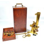 JOHN BROWNING OF LONDON; a 19th century mahogany cased all brass binocular microscope, no.