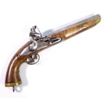 A flintlock pistol with steel lock and barrel, brass furniture and ring loop to the pommel,