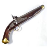 A large percussion cap pistol, the lock inscribed 'Tower' beside a crown,