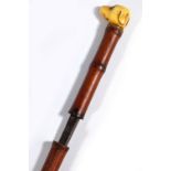 A late Victorian sword stick with carved marine ivory dog head terminal and bamboo shaft,