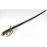 A home-made sabre, with slightly curved blade, pierced knuckle guard and wirework leather grip,