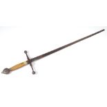 A home-made sword, with rounded pommel, wooden grip, cross bar and slightly tapering blade,