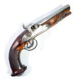 A percussion cap double barrel pistol with steel furniture,