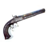 A fine quality percussion cap pistol, with engraved lock plate,