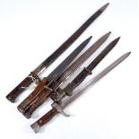 Five various bayonets in scabbards, three in scabbards, two without (5).