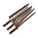 Three military issue wooden and steel handled bayonets,