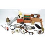 A quantity of collectors' items to include compasses, horns, wooden ratchet, etc.