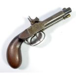 A small percussion cap double barrel pistol with plain silver lock and walnut stock, length 20.5cm.