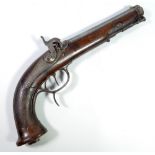 A percussion cap pistol with engraved foliate detail to the lock, octagonal barrel,