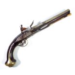 A flintlock pistol, the lock indistinctly inscribed and with part octagonal part turned barrel,