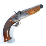 A small percussion cap pistol converted from flintlock, the part octagonal part turned barrel,