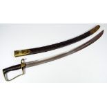 A 1796 pattern light cavalry sabre, with ribbed grip, brass knuckle guard and curved blade,