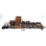 Ten various pairs of mixed British made binoculars including Lemmie of Edinburgh, Gregory of London,