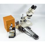 MEIJI; a 1970s binocular microscope 'Zoom Stereo EMZ=2, 7883', height 35.